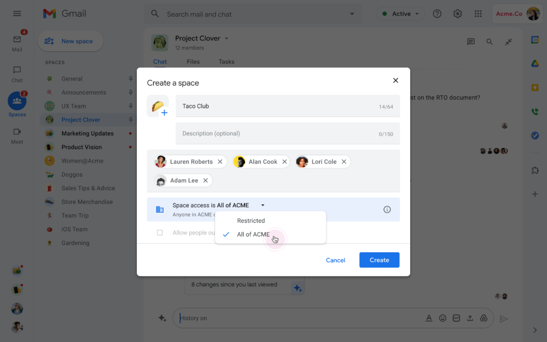 Google 채팅 스페이스 탐색 검색 사용