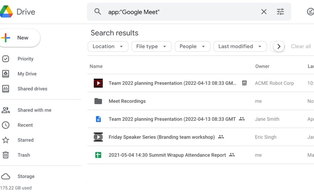 Google 드라이브에서 Google Meet 콘텐츠 검색