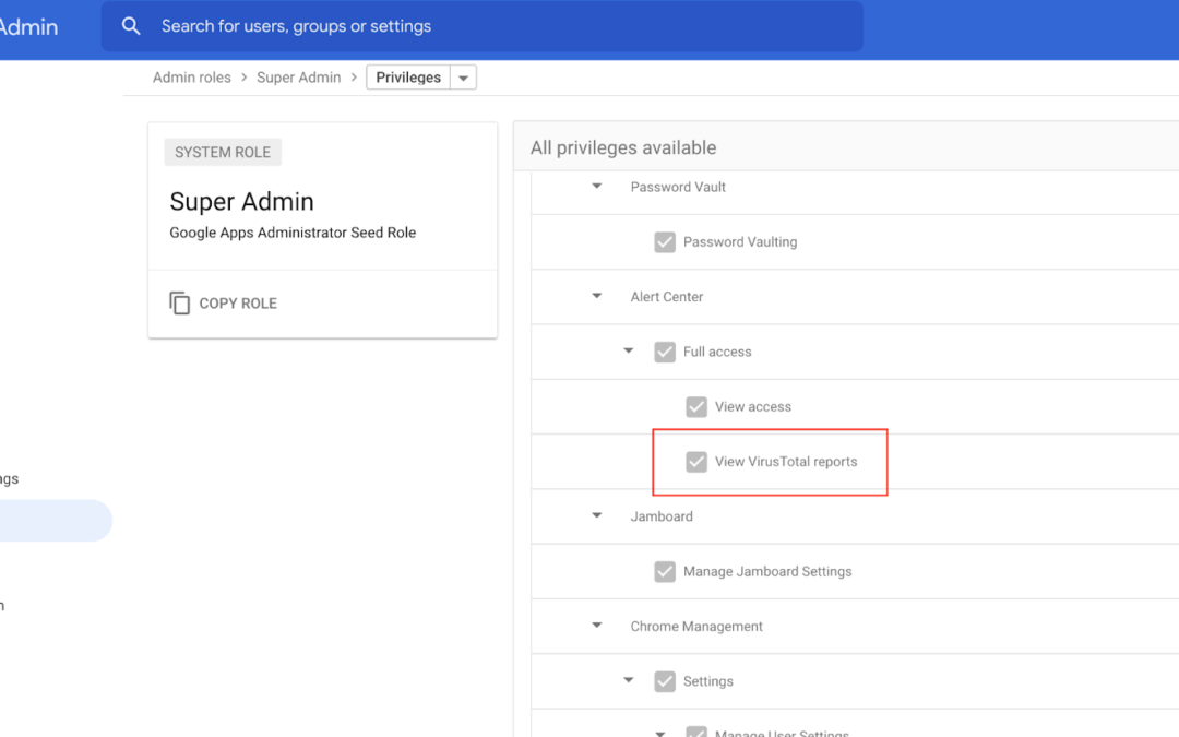 경고센터에서 새 위임된 VirusTotal 권한