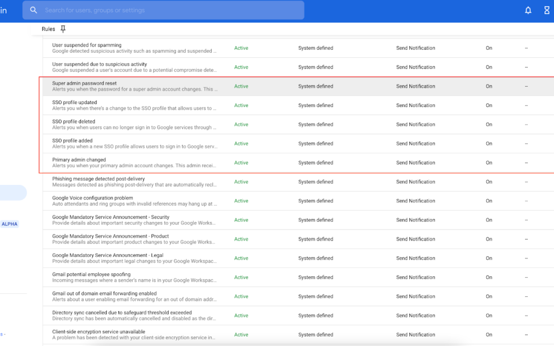 Google Workspace 구성변경시 관리자 보안 경고