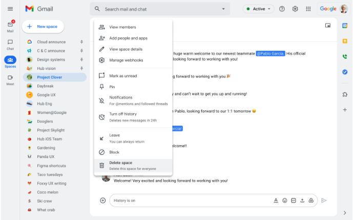 Google Chat 스페이스와 해당 콘텐츠 삭제하기