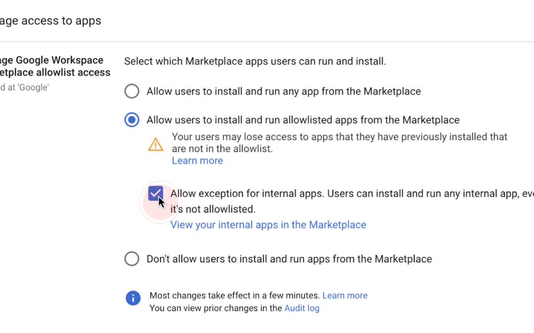 Google Workspace 마켓플레이스에서 내부앱 설치 허용