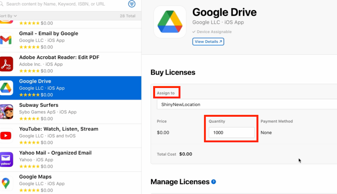 Apple 비즈니스 관리자에서 앱 라이선스를 대량으로 구매